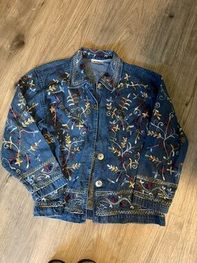 Embroidered Denim Jacket - Blue Floral Vine Design